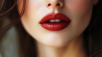 Red Lips Beauty. Close-up of Woman with Red Lipstick and Gorgeous Smile. photo