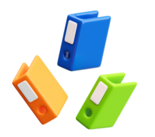 3D Floating File Binder Icons in Orange, Blue, and Green Representing Document Organization and Office Filing System png