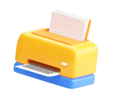 3D illustration of a colorful printer with paper sheets, representing document printing, office equipment, or digital output process. png