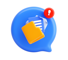 3D File Alert Icon with Yellow Folder, Documents, and Exclamation Mark in Blue Chat Bubble Representing Data Warning or System Notification png