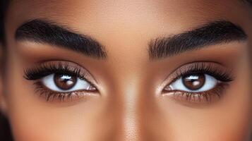 Elegant Brown Eyes Closeup with Perfect Eyebrows and Long Eyelashes for Beauty Look photo