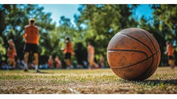 Basketball on Ground with Players in Background Ready to Play Outdoor Game photo