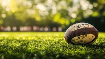Old Rugby Ball Resting on Lush Green Grass in Summer Sunlight at Daytime. photo