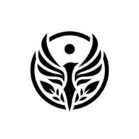 Bold phoenix emblem monochromatic with leaves and circle vector