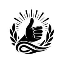 Positive Approval Emblem Thumb Up in Laurel Wreath, Black and White vector
