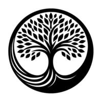 Symbolic Tree of Life in Circular Frame, Black White vector