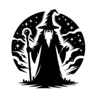 Silhouette Wizard with Staff in a Starry Night Circle vector
