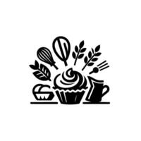 Bakery Set Cupcake, Whisk, Wheat, and Coffee, Minimalist vector