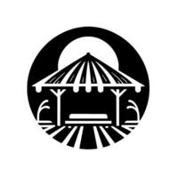 Minimalist Beach Gazebo in Black Circle, Sun Silhouette, vector