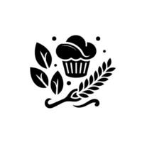 Simple Bakery Black Cupcake, Wheat, Leaves on White vector