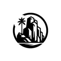 Silhouette Coastal Mountains Palm Tree in Circle vector