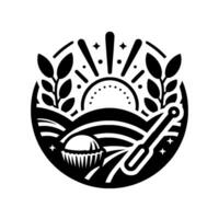 Bakery Emblem Sun, Wheat, Muffin, and Spatula in a Round Badge vector