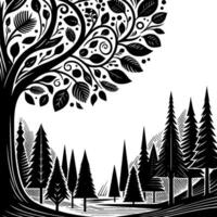 Black and White Forest Illustration with Tree and Pines vector