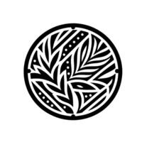 Geometric Foliage Pattern in Circle, Black and White, vector