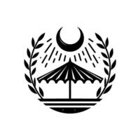 Beach Emblem Crescent Moon, Umbrella, and Laurel Wreath, Minimalist Black White vector