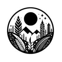 Monochrome Nature Scene Circular with Mountains, Trees, and Moon vector