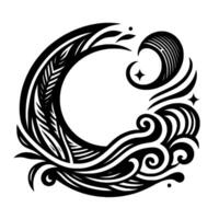 Black and White Ornamental Circle with Botanical and Celestial Elements vector