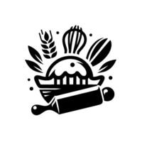 Abstract Bakery Pie, Wheat, Rolling Pin, Black and White vector