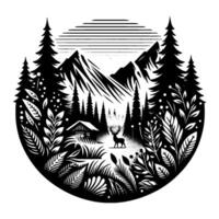 Monochrome Forest Scene Deer Cabin in a Circular vector
