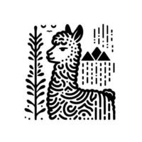 Minimalist black and white llama with mountains and rain vector