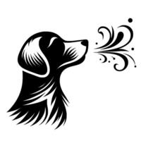 Stylized dog silhouette exhaling floral pattern, black white vector