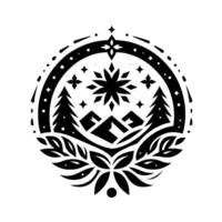 Winter landscape emblem snowflake, mountains, and pines vector