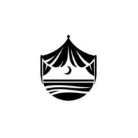 Minimalist night tent , crescent moon, waves, black white vector