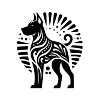 Intricate silhouette dog illustration in black and white with decorative elements vector