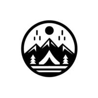 Simple camping circle badge with mountains, tent trees vector