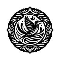 Elegant bird and foliage in circle, black and white illustration vector