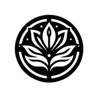 Minimalist lotus flower in circular frame, black and white vector