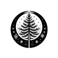 Minimalist christmas tree in circle with snowflakes, isolated vector