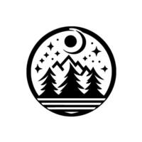 Serene nightscape minimalist circle of mountains, trees, stars, and moon vector