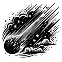 Black and white comet illustration with clouds and stars vector