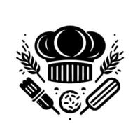 Bakery emblem monochrome with chefs hat, wheat, and tools vector