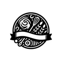Baking template black white emblem with whisk, wheat, ribbon vector