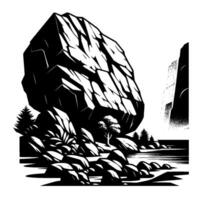 Black and white illustration mountain scene with boulder, trees, and river vector