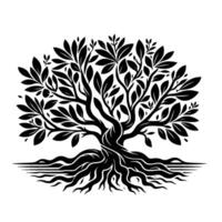 Elegant black and white tree illustration roots and branches on white vector