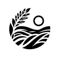 Minimalist farm scene wheat, fields, and sun, black and white vector