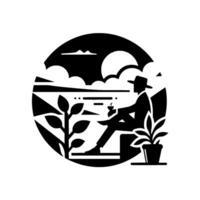 Silhouette illustration man enjoying coffee by lake in a round frame vector