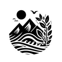 Black and white nature illustration mountains, waves, and tree vector