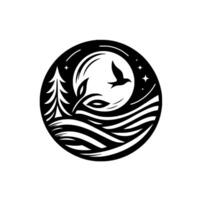 Black white nature scene in a circle bird, moon, and landscape vector