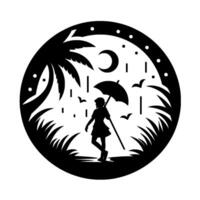 Silhouette of a girl in the rain with umbrella in a circle vector