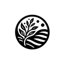 Minimalist nature tree and landscape in circle, black and white vector