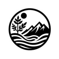 Minimalist nature mountains, tree, sun within a circle vector