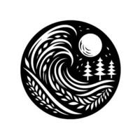 Wave and forest silhouette in a circle, minimalist vector