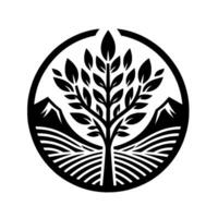 Minimalist nature tree, mountains, and fields in circle vector