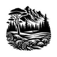 Black white nature silhouette mountain scene with tree, pines, and decorative elements vector