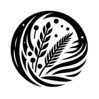 Abstract minimalist floral in circular frame, black and white vector