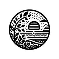 Nature scene in a circle, black white minimalist vector
